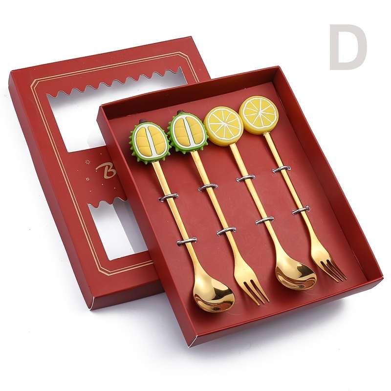 4pcs Gift Box Cartoon Spoon Stainless Steel Spoon Fork Watermelon Doll Animal Dessert Fruit Spo