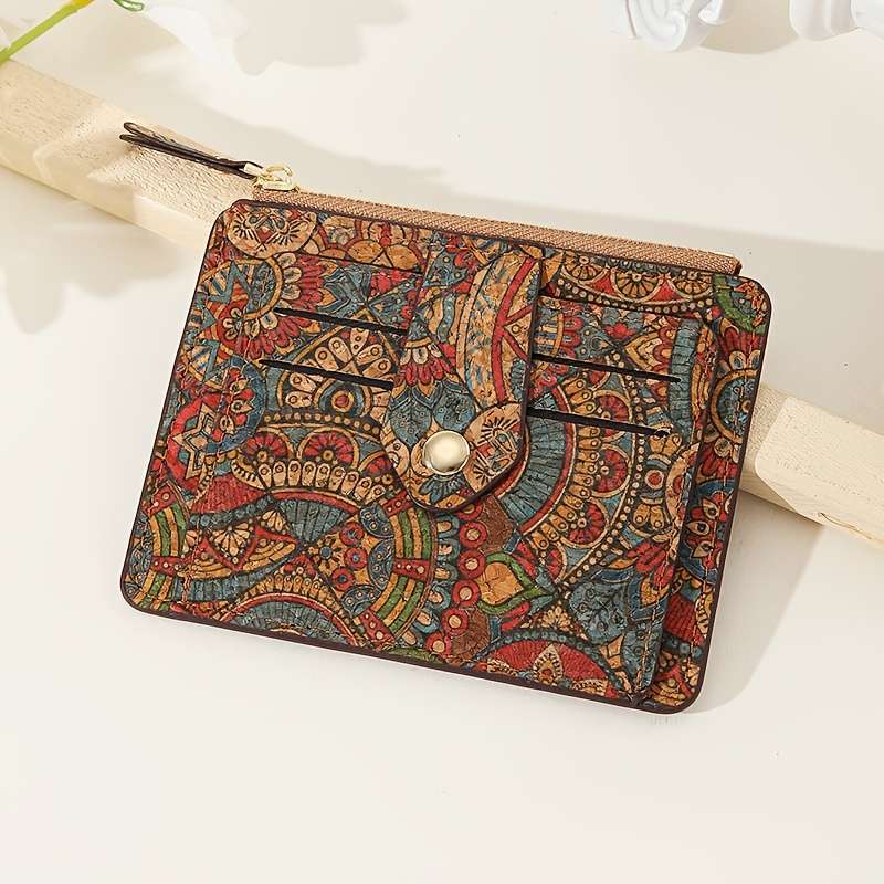 1pc Vintage-Style Slim Zipper Wallet with Multiple Card Slots Coin Purse Ultra-Light Cork Materi
