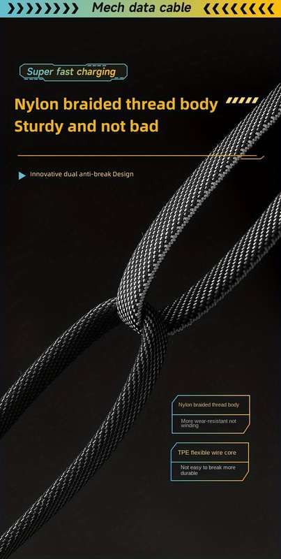 1pc Fast Charging 4-in-1 Cable Dual Type-C USB Lighting Connectors 47.24in 120cm Fabric F