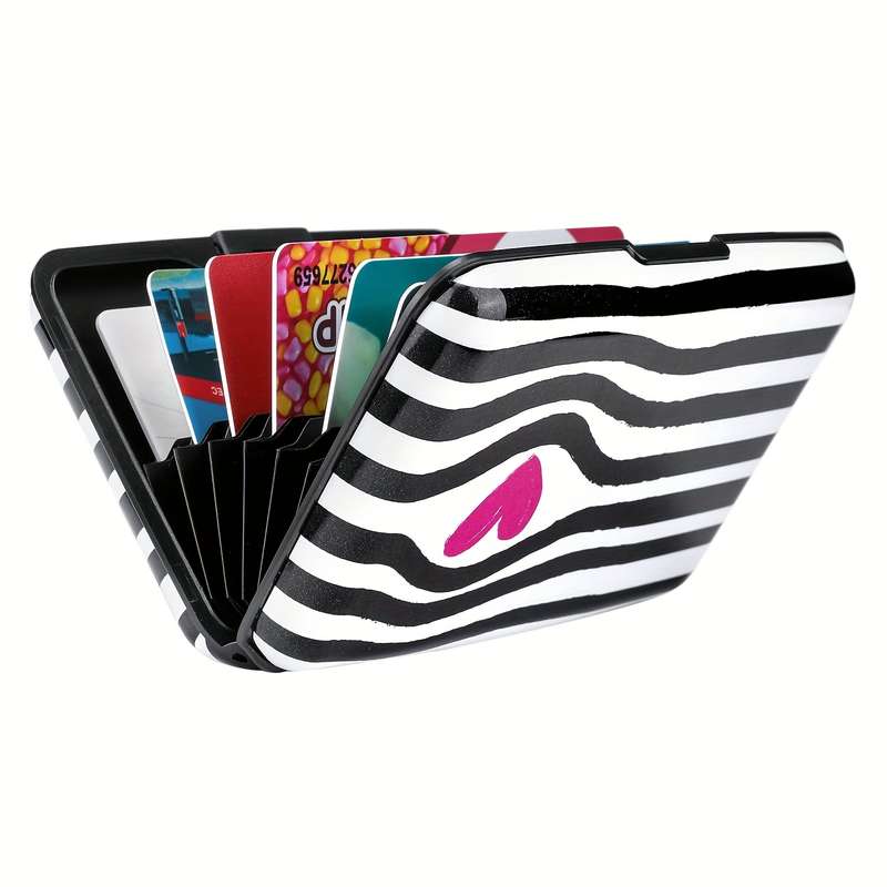1pc RONG REN HUI Mini RFID Blocking Wallet Black and White Striped Heart Design Compact Metal Ca
