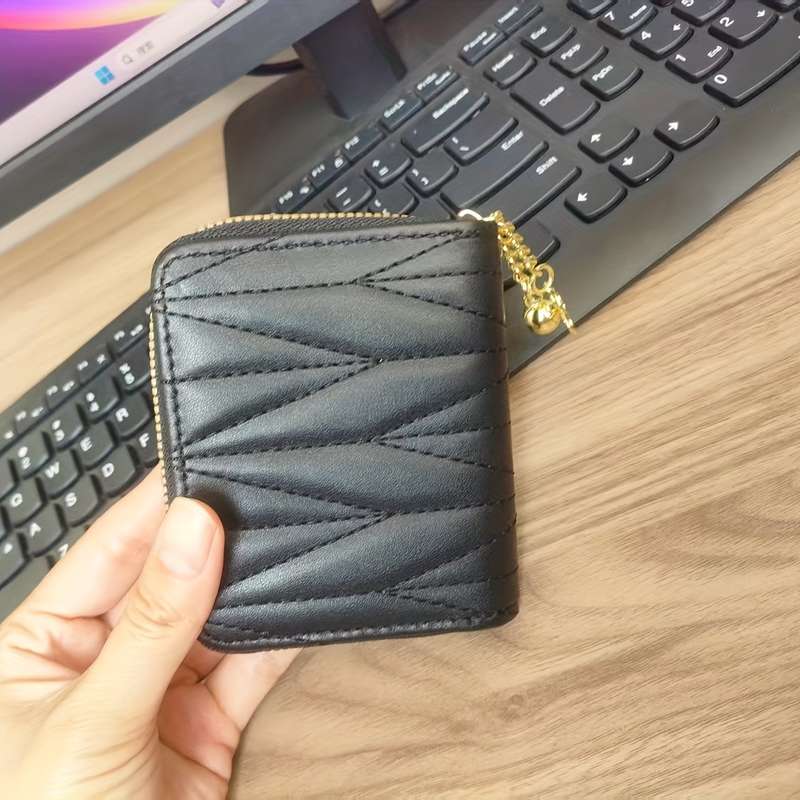 1pc Elegant Black Faux Leather Zipper Wallet with Golden Chain StrapSlim Design Perfect for Car