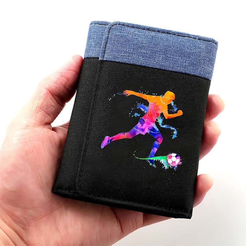 1pc Men'S Casual Canvas Wallet with Football Player Design Color Block Double-Fold Multi-Car