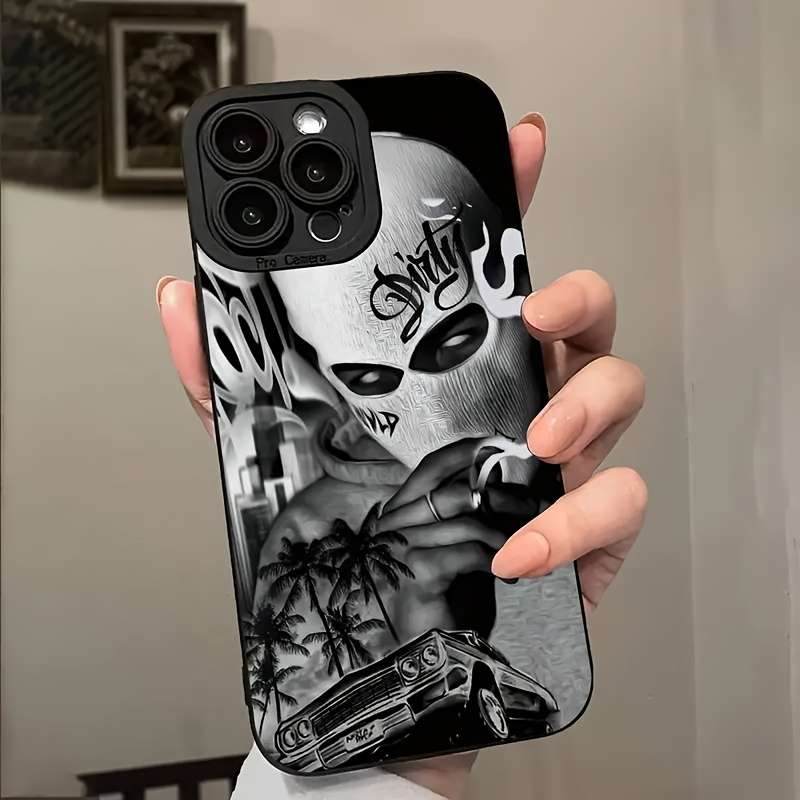 1Pc Black For iPhone 15 Plus White Skull Phone Case
