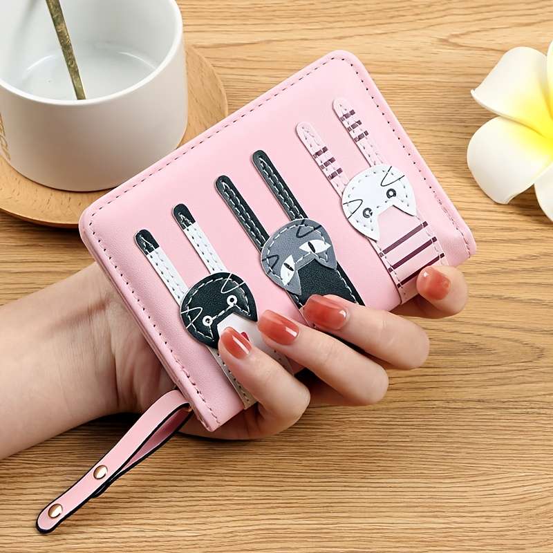 1pc Cute Cartoon Cat Design Synthetic Leather Wallet for Women Casual Style Bi-fold with Snap
