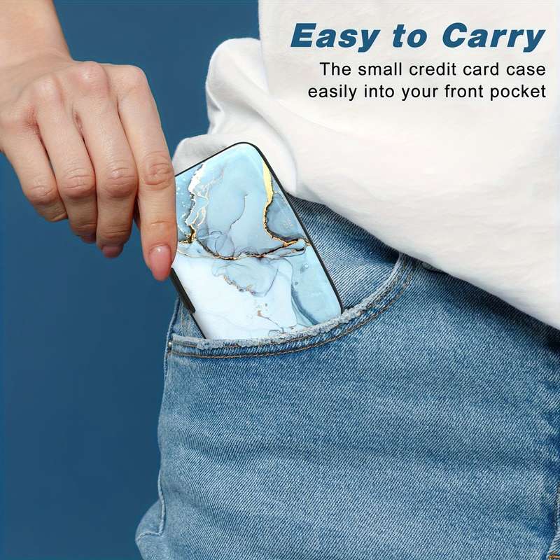 1pc Rong Ren Hui Mini Aluminum Card Wallet RFID Blocking Thin Metal Hard Card Holder Blue Marble