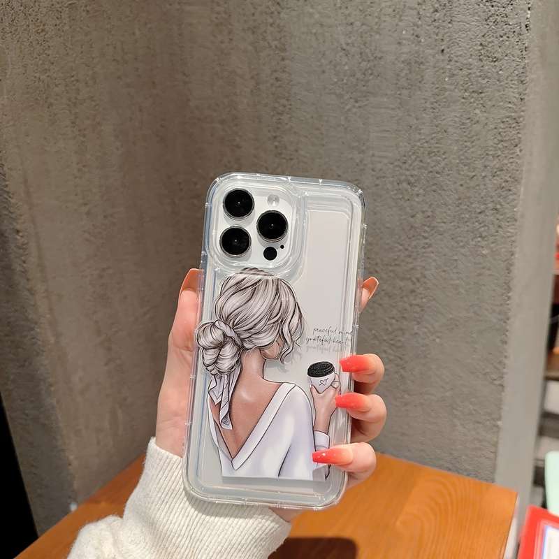 1Pc Transparent For iPhone 13 Pro Max Coffee Girl Phone Case
