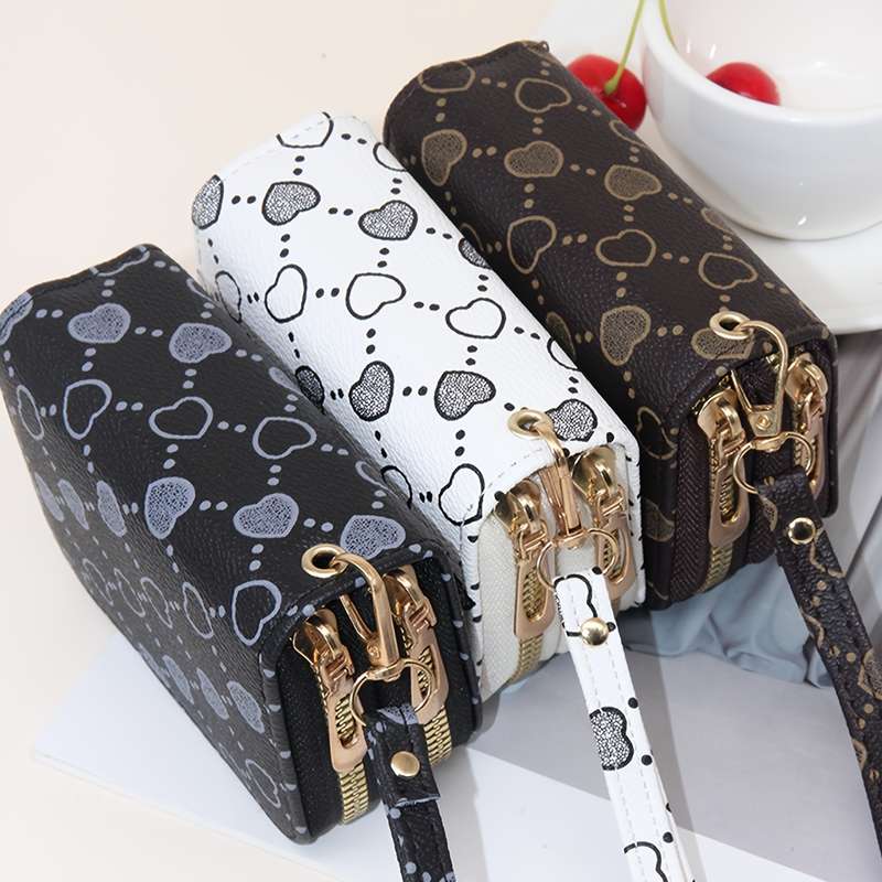 1pc Fashion Heart Print Double Zipper Wallet with Multiple Card Slots Large Capacity Faux Leather