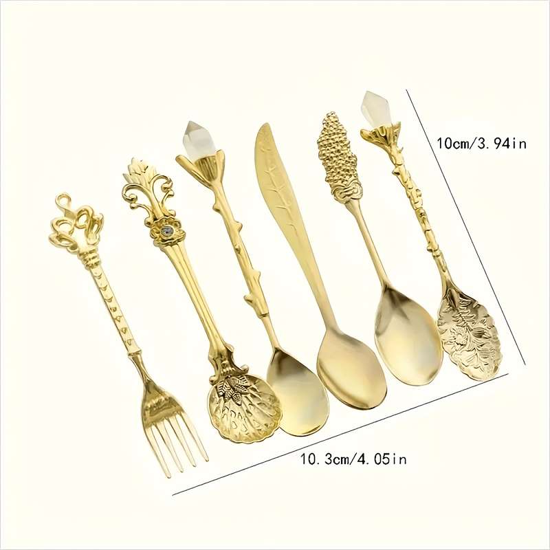 6pcs set of retro royal style dessert tableware stainless steel with Golden carvings small sp
