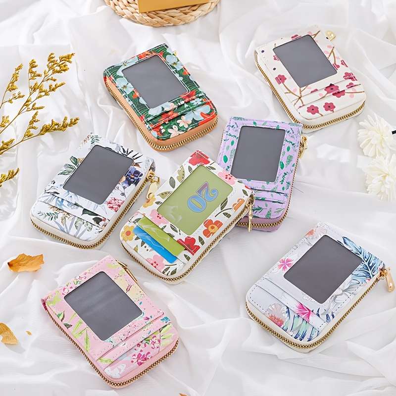 1pc Women's Color Printing Card Holder Wallet ID Holder PU Material Vertical Model with External Tr