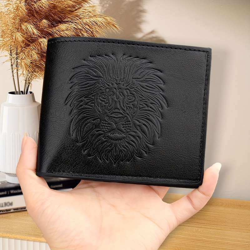 1pc Men's Vintage Lion Embossed WalletSoft Faux Leather Deep Brown with ID Window Ideal Gift f