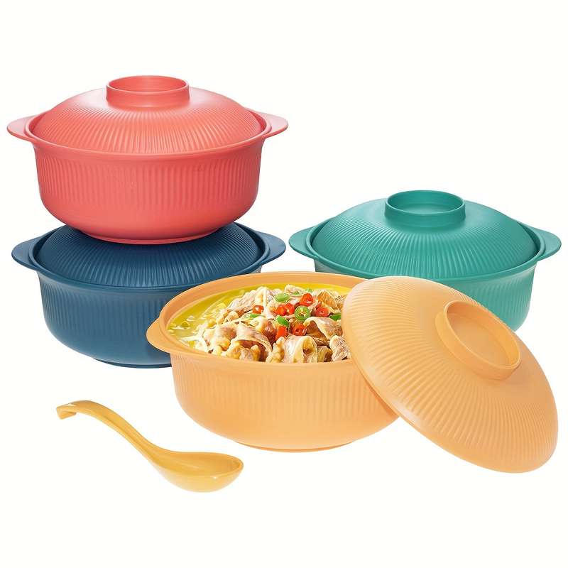 2pcs Set Large Capacity Casserole Style Bowl with Lid and Long Soup Spoon 1100ml 38oz Portable