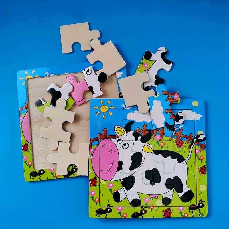 1pc 2D Wooden Puzzle Toy Happy Cow in Green Meadow Design Vibrant Animal Puzzle wi