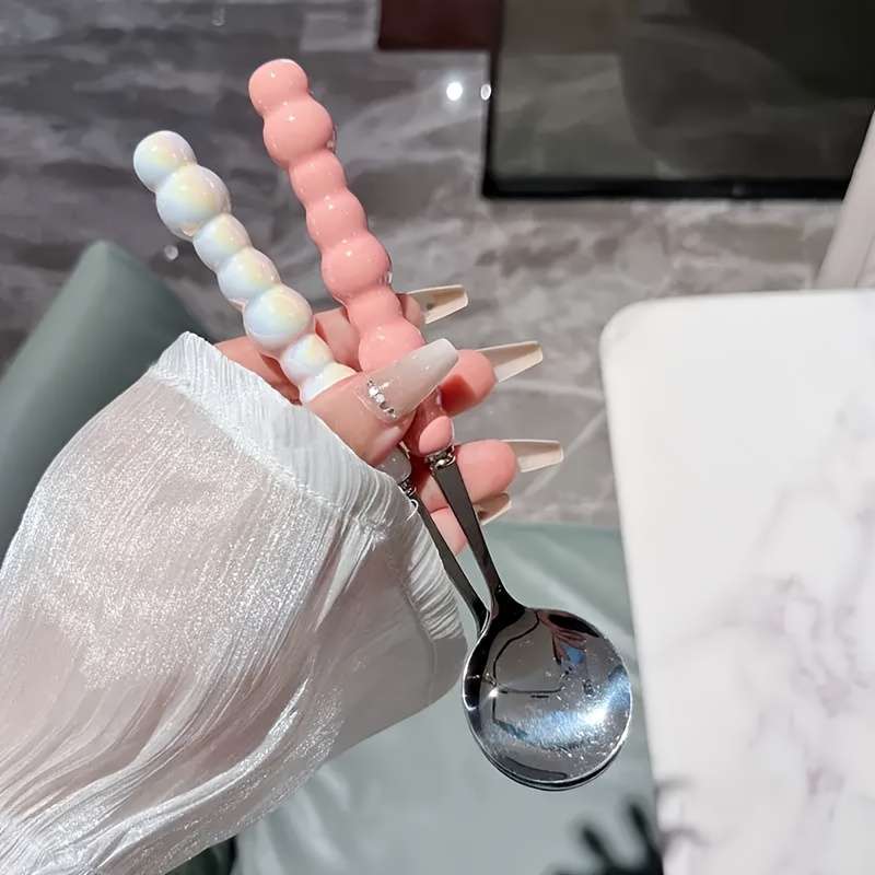 2pcs Colorful Pearl Stainless Steel Teaspoons Kitchen and Dining Utensils Dessert Spoons Hom
