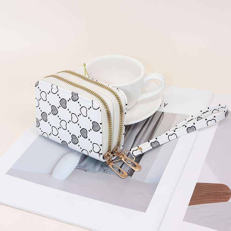 1pc Fashion Heart Print Double Zipper Wallet with Multiple Card Slots Large Capacity Faux Leather