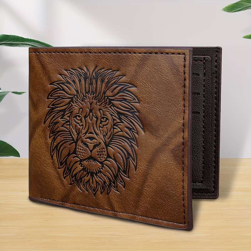 1pc Men's Vintage Lion Embossed WalletSoft Faux Leather Deep Brown with ID Window Ideal Gift f