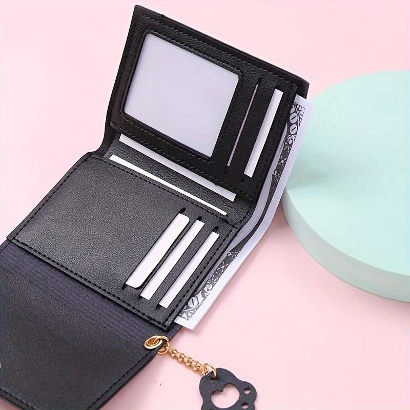 1pc Vintage Style Cartoon Cat Pattern PU Wallet Mini Tri-fold Card Holder with Cat Paw Charm