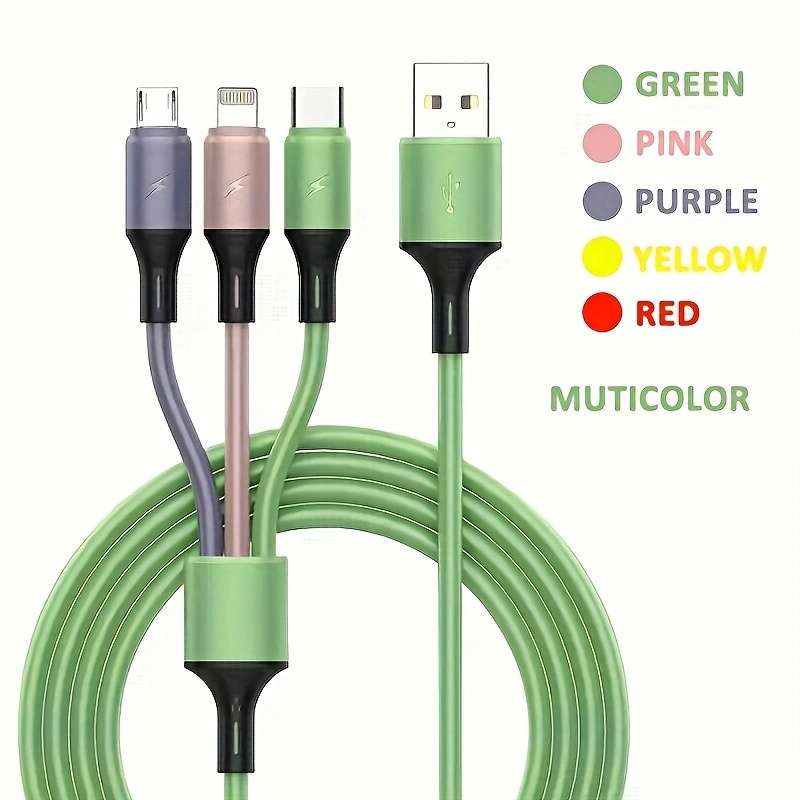 1pc 3-in-1 Macaron Charging Cable with Type-C Micro USB-C Silicone Matte Round Cable Male to