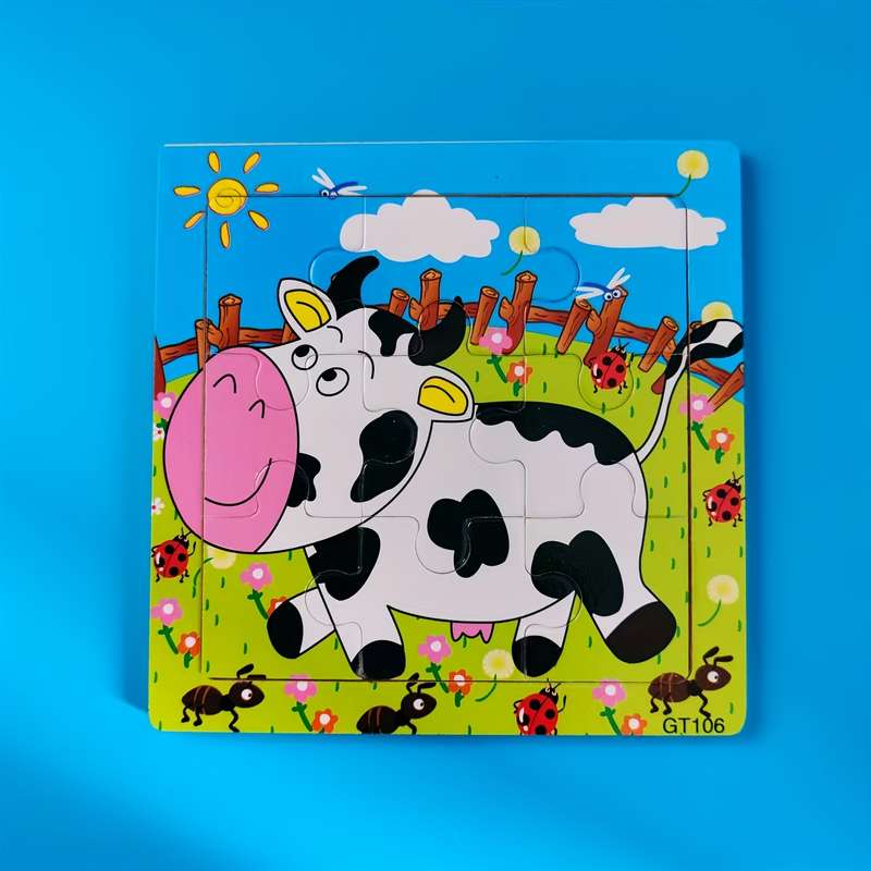 1pc 2D Wooden Puzzle Toy Happy Cow in Green Meadow Design Vibrant Animal Puzzle wi