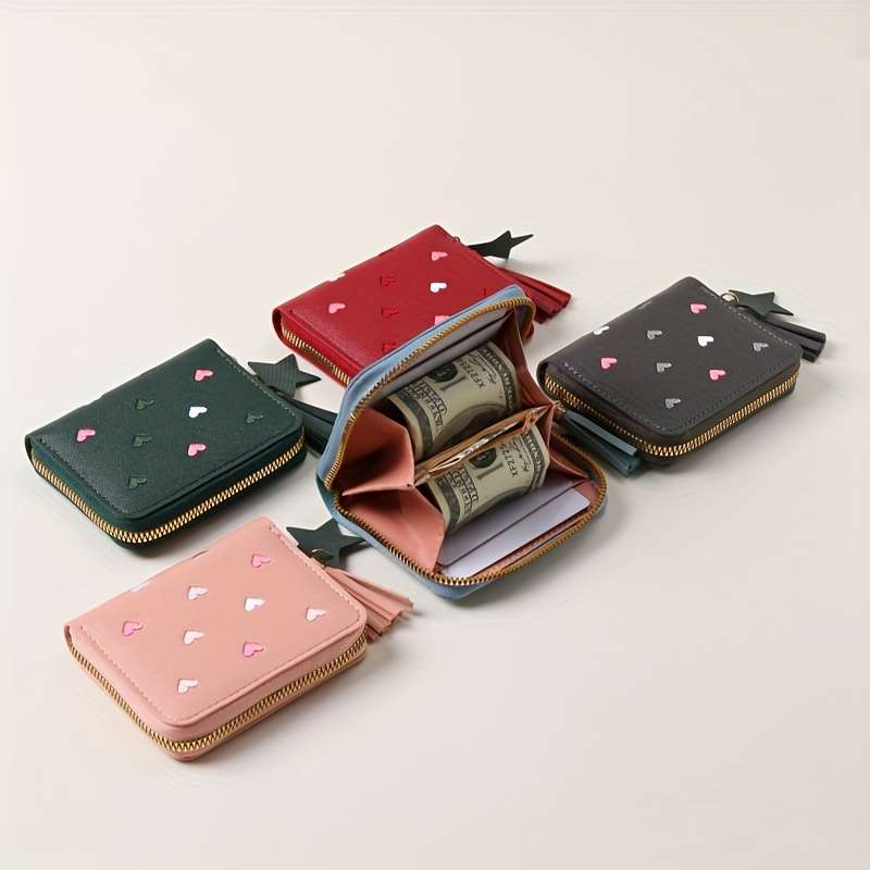 1pc Honey Girl Wallet with Tassel Heart Embroidery Korean Style Cute Women'S Coin Purse Mul