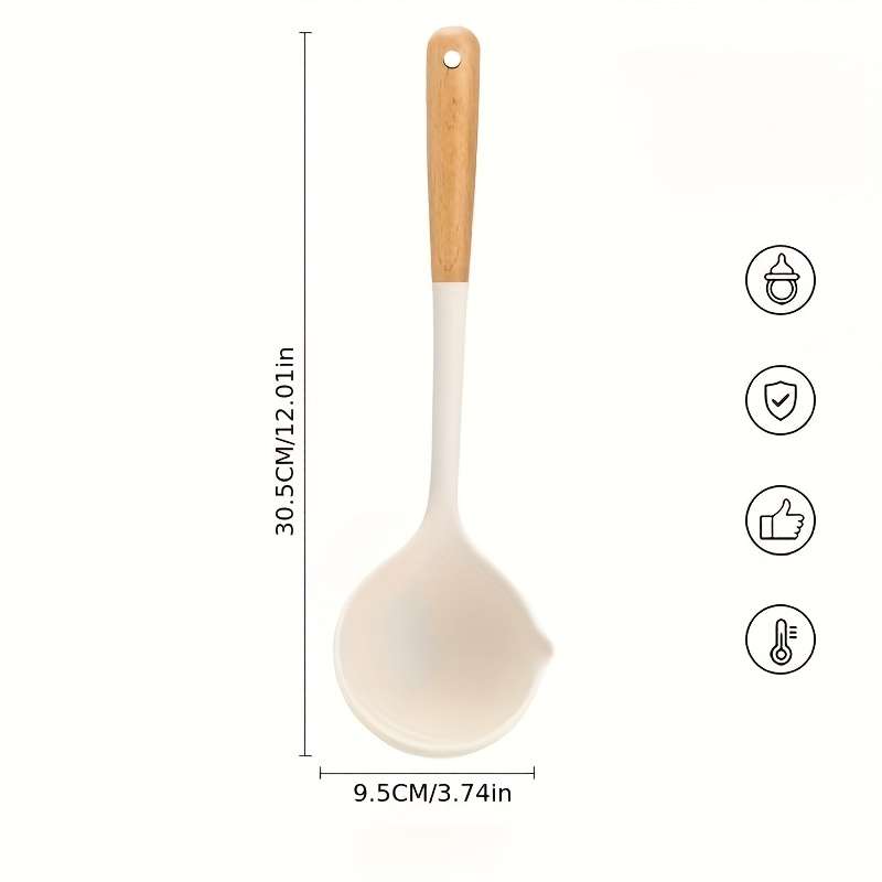 1pc Silicone Soup Spoon with Wooden Handle Large High-Temperature Resistant Ideal for Servi