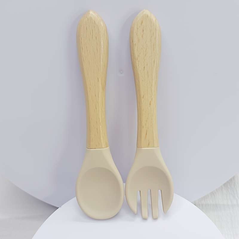 2pcs Customer Favorite 100% Food Grade Silicone Spoon and Fork with Wooden Handle BPA Free Su