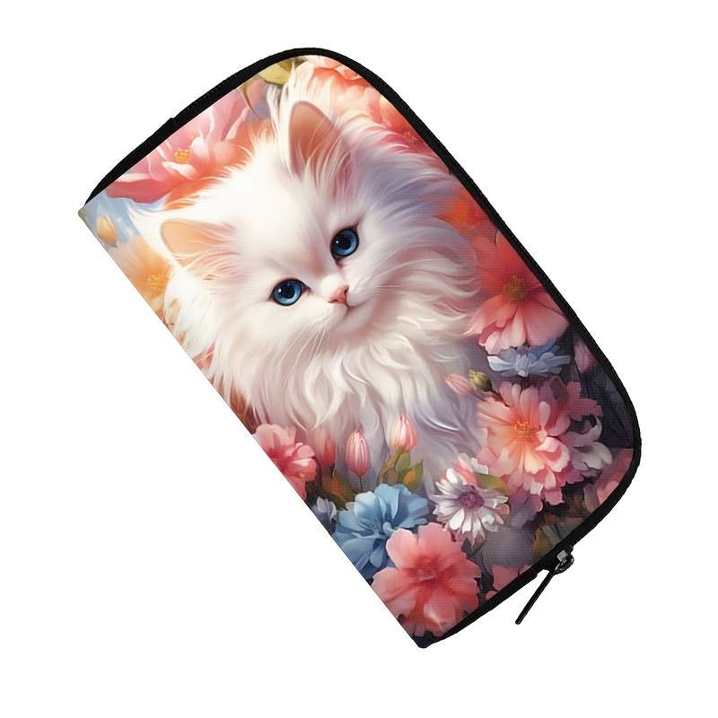 1pc Kawaii Kitten Print Polyester Wallet for Women Casual Style Zippered Clutch