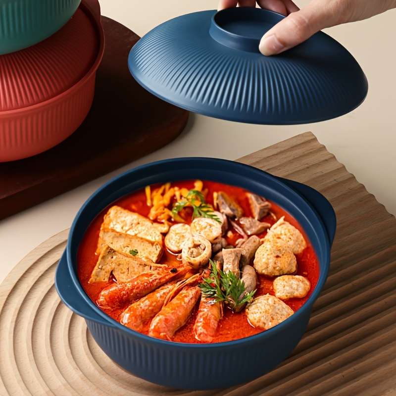 2pcs Set Large Capacity Casserole Style Bowl with Lid and Long Soup Spoon 1100ml 38oz Portable