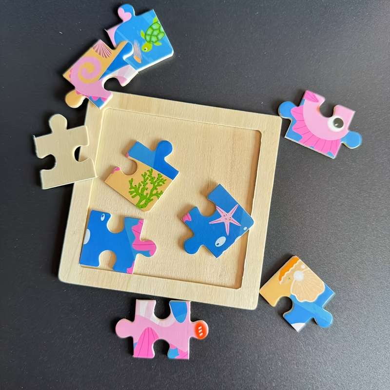 1pc Ocean-Themed Wooden Puzzle Board with Colorful Marine Life Pieces Educational T
