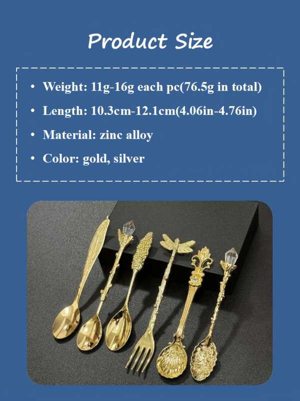 6pcs Small Spoon Fork Set Vintage Golden Teaspoon Fruit Fork Cup Stirring Coffee Spoon
