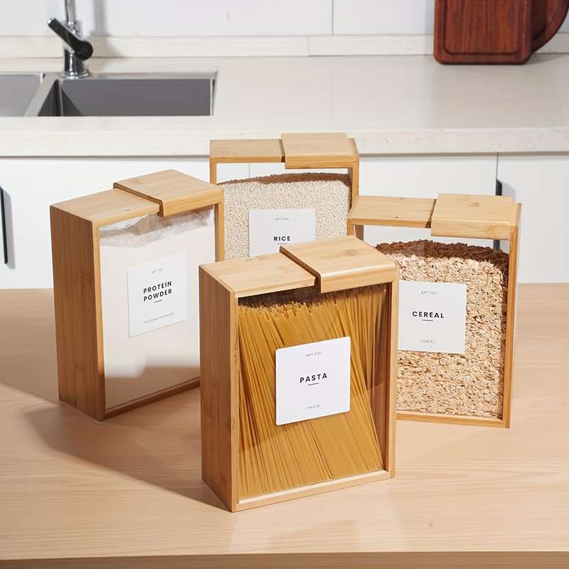 1pc High-Quality 3L Bamboo Wood Food Storage Box with Sliding Lid Ideal for Pasta Grains M