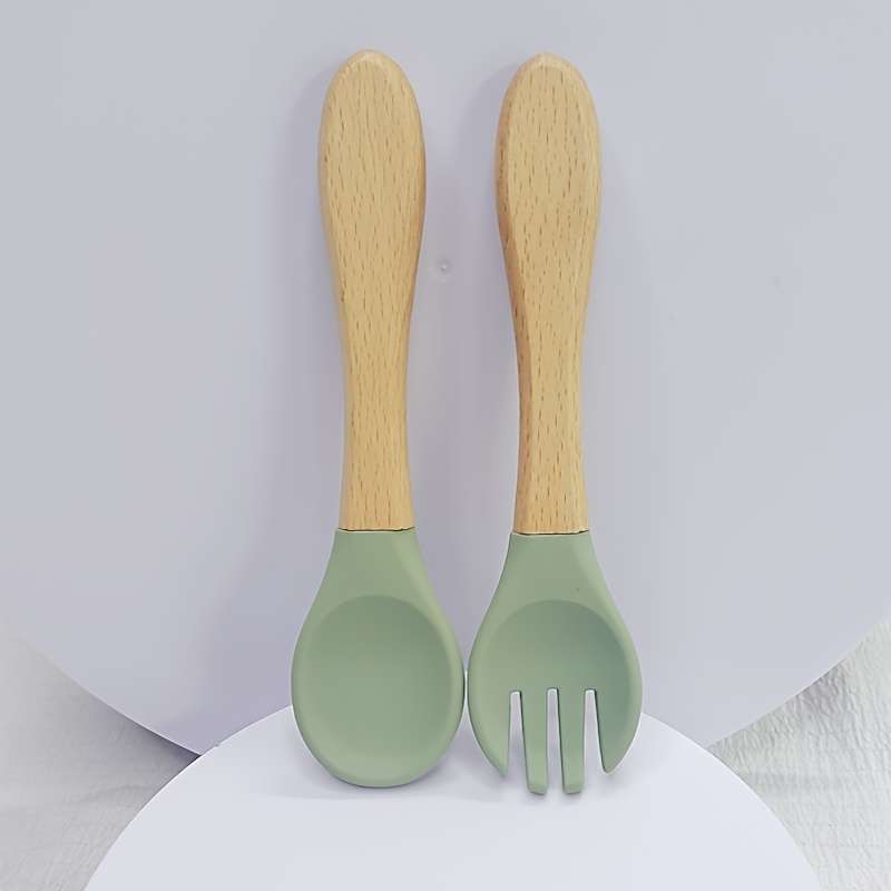 2pcs Customer Favorite 100% Food Grade Silicone Spoon and Fork with Wooden Handle BPA Free Su
