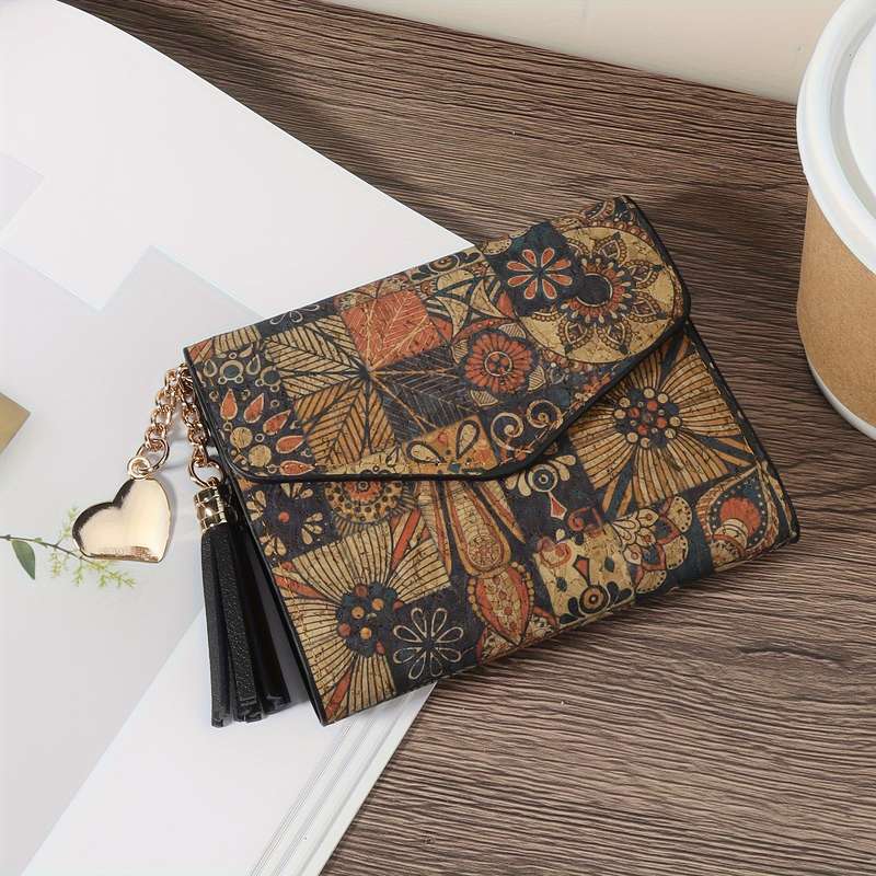 1pc Chic Heart-Shaped Metal Tassel Accent Womens WalletCompact Retro Floral Print Purse with