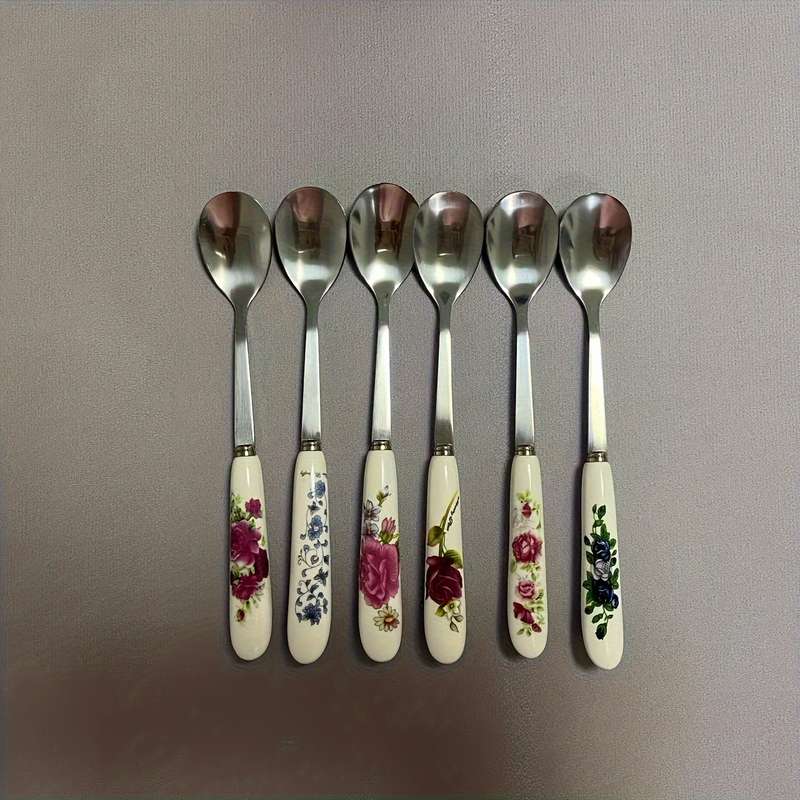 6pcs Set of Elegant Tableware Stainless Steel Coffee Spoon Dessert Spoon Ceramic Handle Sui