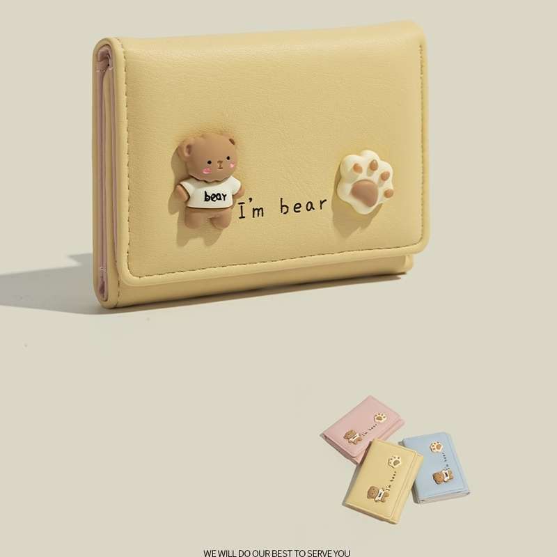 1pc Chic Compact Folding Wallet for WomenCute Cartoon Design Slim Faux Leather Card Holder