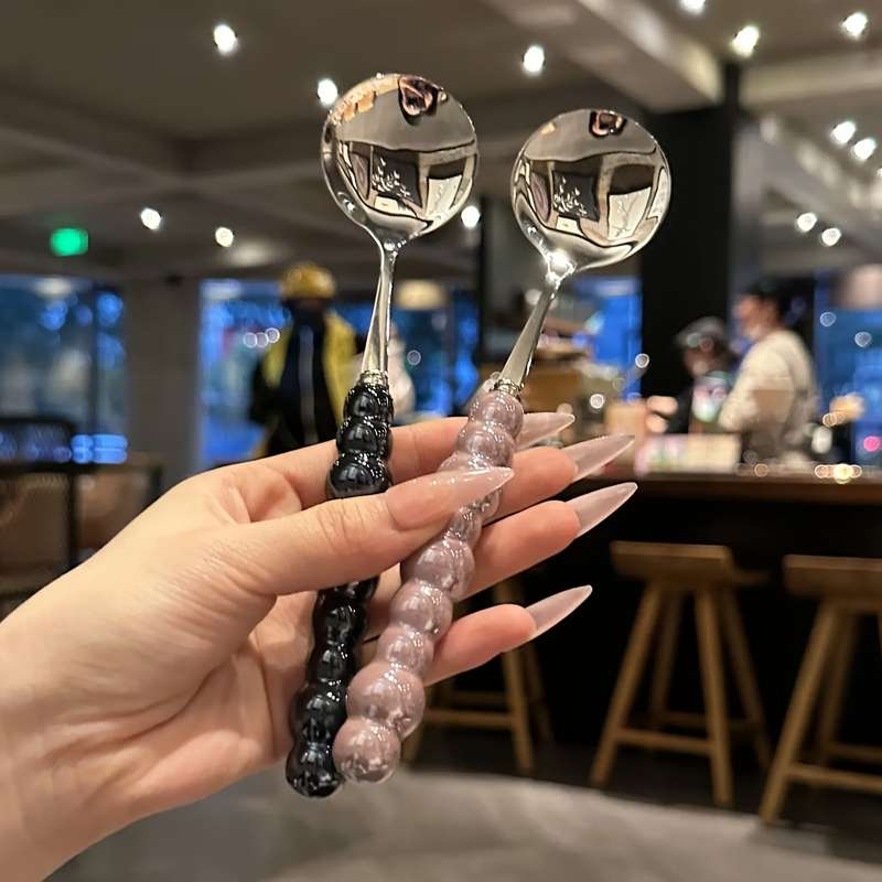 2pcs Colorful Pearl Stainless Steel Teaspoons Kitchen and Dining Utensils Dessert Spoons Hom