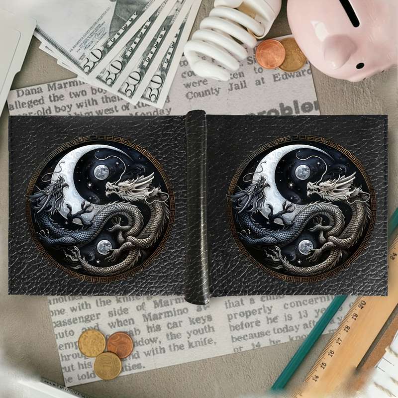 1pc Yin Yang Dragon Men'S Faux Leather Wallet Black Bifold Design with Card Holder Coin Purs