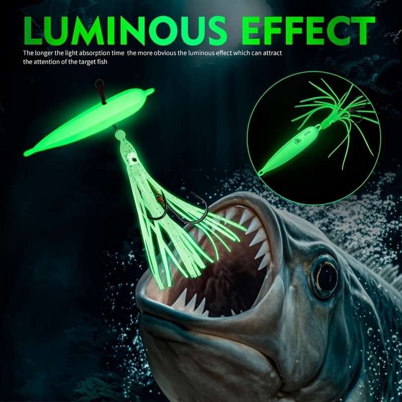 1pc 100g Glow-in-the-Dark Slow Pitch Jigging Lure with Silicone Skirt Dual Hooks