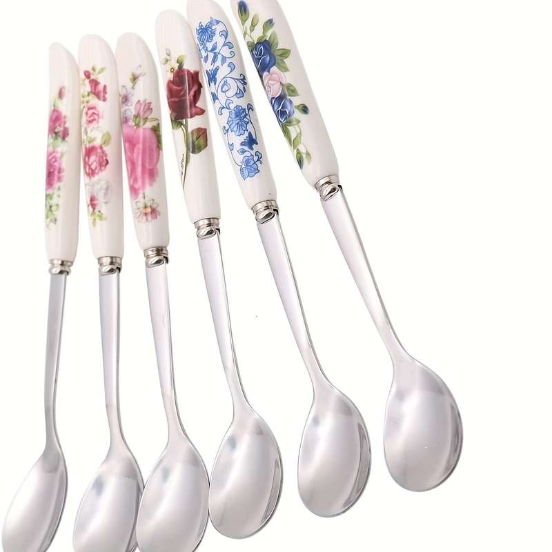 6pcs Set of Elegant Tableware Stainless Steel Coffee Spoon Dessert Spoon Ceramic Handle Sui