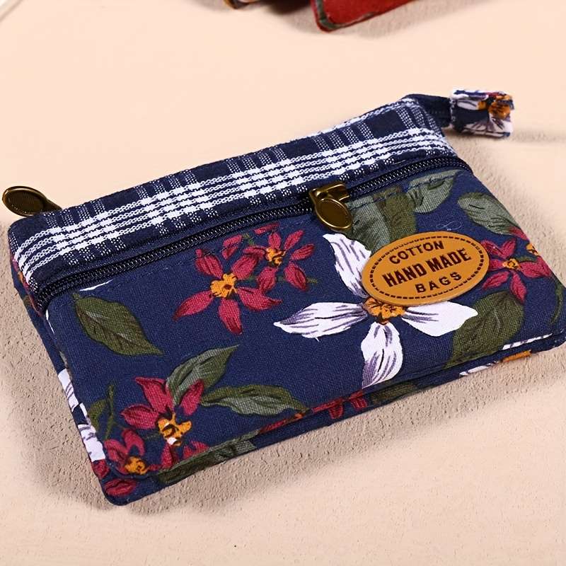 1pc Mini Fabric Coin Purse Flower Pattern Card Holder Multi Layer Change Pouch Wallet