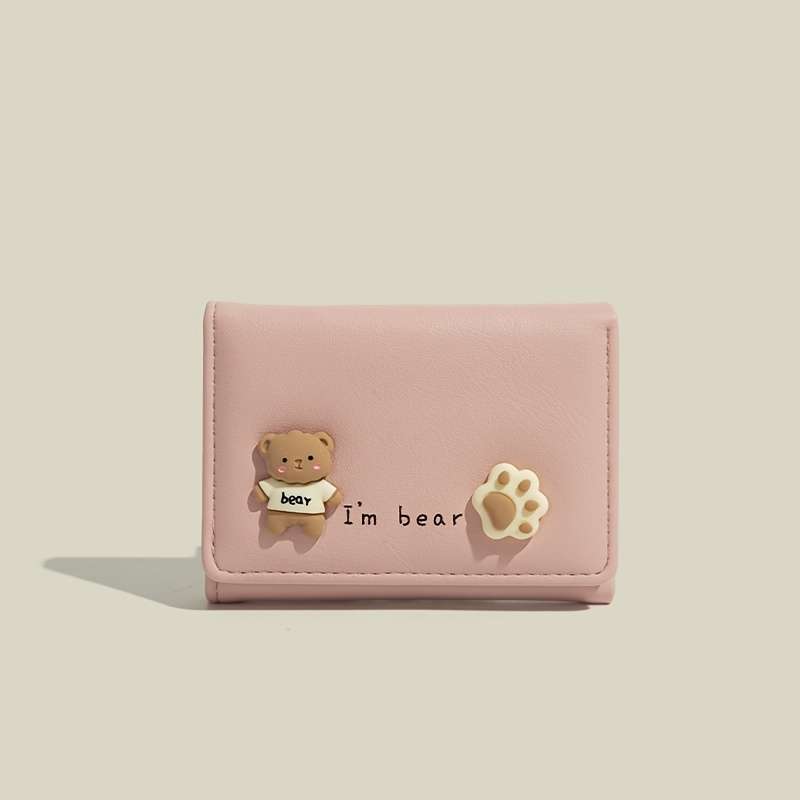 1pc Chic Compact Folding Wallet for WomenCute Cartoon Design Slim Faux Leather Card Holder