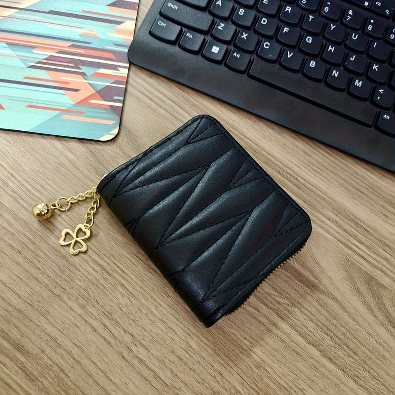 1pc Elegant Black Faux Leather Zipper Wallet with Golden Chain StrapSlim Design Perfect for Car