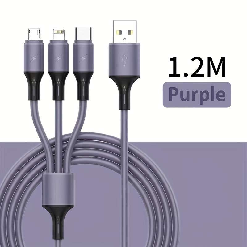 1pc 3-in-1 Macaron Charging Cable with Type-C Micro USB-C Silicone Matte Round Cable Male to