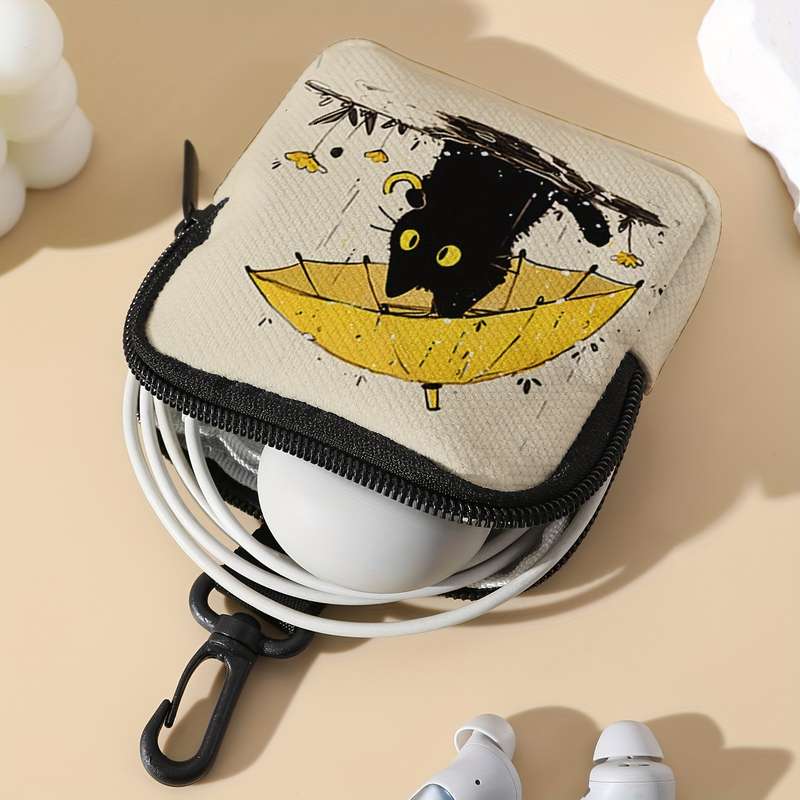 1pc Contemporary Black Cat with Umbrella Polyester Coin Purse Large Capacity Zippered Multi-Functi