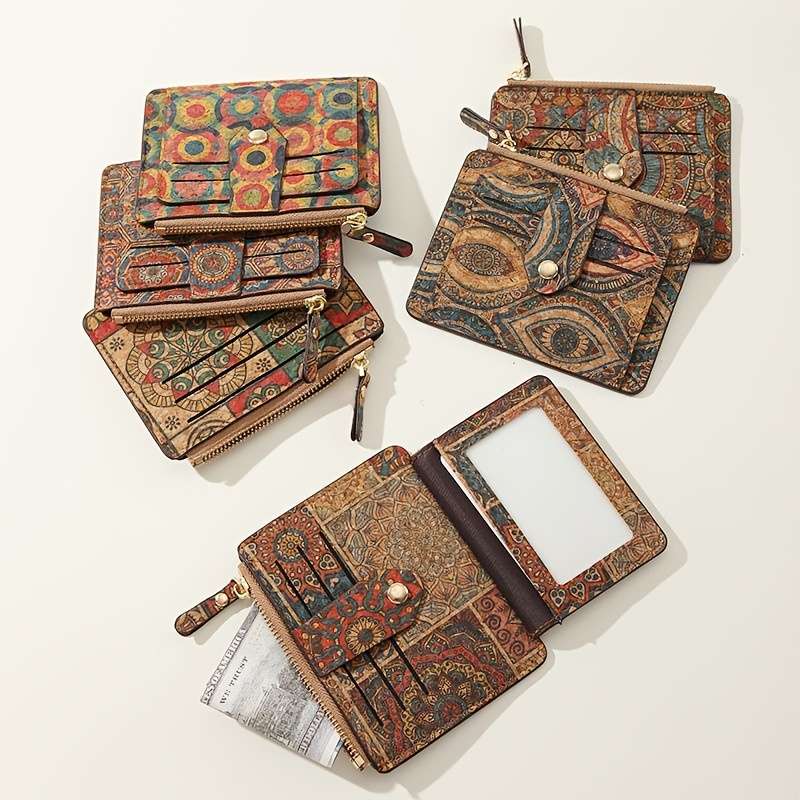 1pc Vintage-Style Slim Zipper Wallet with Multiple Card Slots Coin Purse Ultra-Light Cork Materi