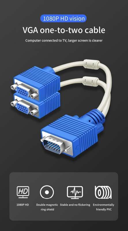 1pc 1080P 2 Dual Port Y Splitter 2.54cm 2 Out Cable Adapter for LCD TV Box Monitor Projector VG