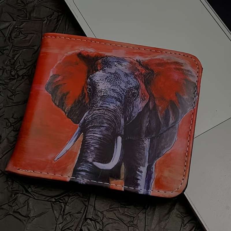 1pc Elephant Print Bifold Wallet for MenFaux Leather Card Coin Holder Machine WashablePer