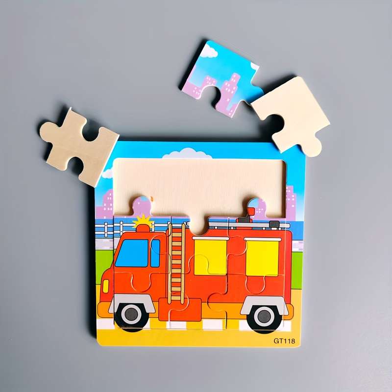 1pc Wooden Puzzles Means of Transportation Puzzles Wooden Fire Fighting Truck Puzzle