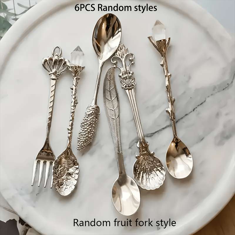 6pcs set of retro royal style dessert tableware stainless steel with Golden carvings small sp