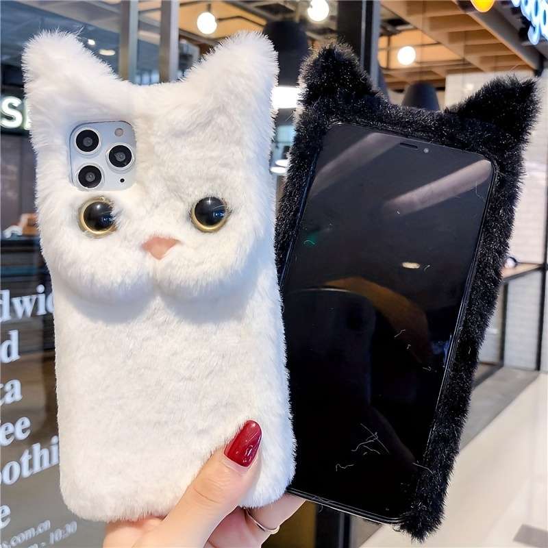 1Pc Pink Red For iPhone 7 8 Soft Winter Cat Plush Phone Case
