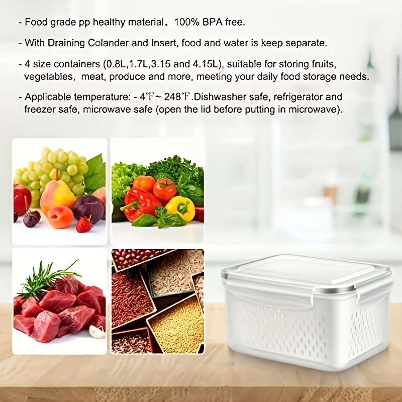 3pcs BPA-Free Plastic Food Storage Container Set with Drain Basket and Lids Leak-Proof Refri